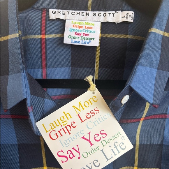 NWT Gretchen Scott Blue Yellow Black and Red Plaid Shirt -Size L - Picture 2 of 6